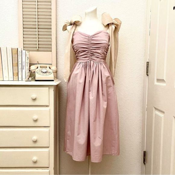 MIDI Dress, Ruched Bodice, Smocked Back, Long Wide Ties, S/M Fit, Dusty … - Picture 3 of 8